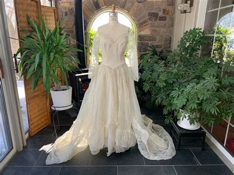 Vintage S Ivory Floral Flocked Organdy Wedding Dress Long Train