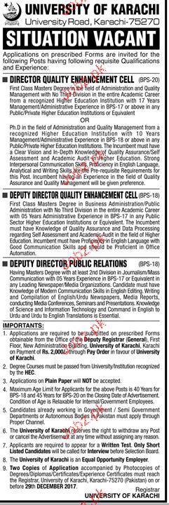 University Of Karachi Jobs 2024 Job Advertisement Pakistan