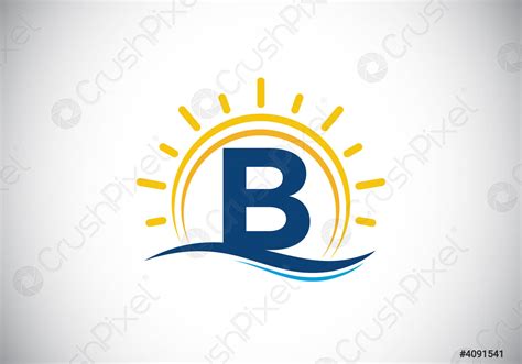 Initial B Monogram Alphabet With Abstract Sun And Wave Ocean Stock