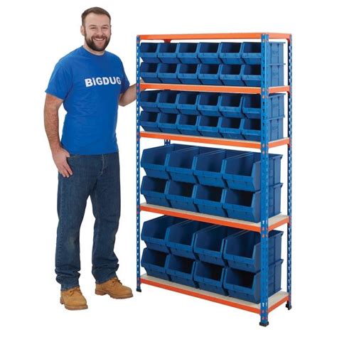 Big200 Blue And Orange Shelving With Plastic Parts Bins Mega Deal Bins