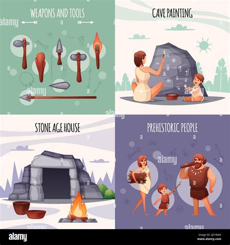 Prehistoric Stone Age People Concept 4 Flat Compositions With Caveman