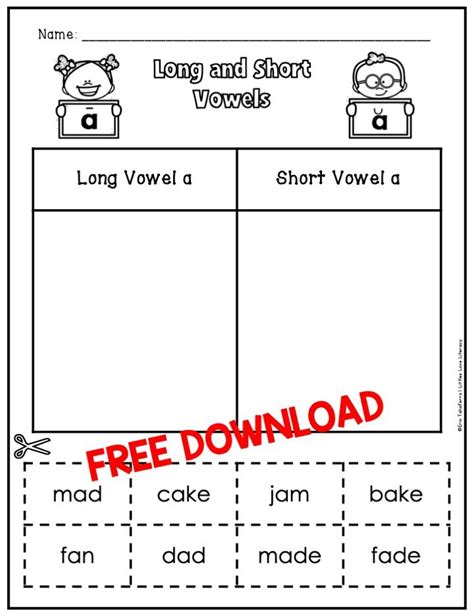 Free Long And Short Vowel A Sort Cut And Paste Worksheet Short