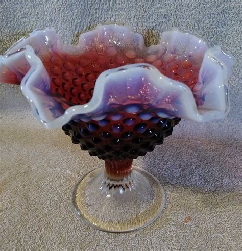 Fenton Amethyst Hobnail Milk Glass Ruffled Edge Footed Compote 5 3 4 Inches Tall Antique