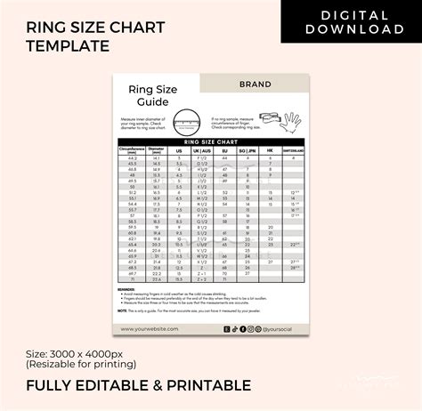 Editable Ring Size Chart Template Canva Custom Ring Sizing Guide Ring Measurement Chart