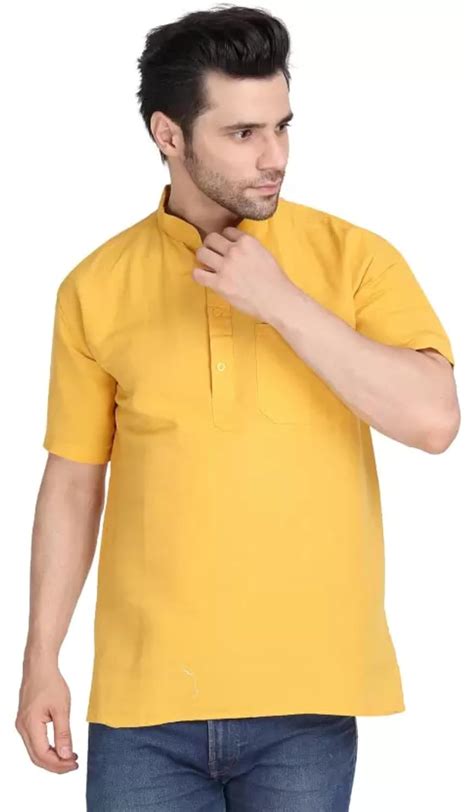 Buy Isd Fabric Short Khadi Kurta For Men With Half Sleeves Plan Yellow