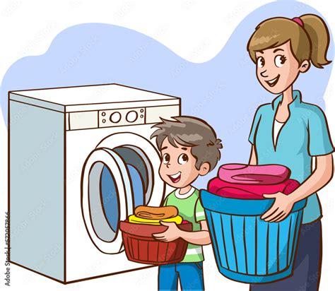 Mother And Daughter Washing Clothes In The Washing Machine Cartoon