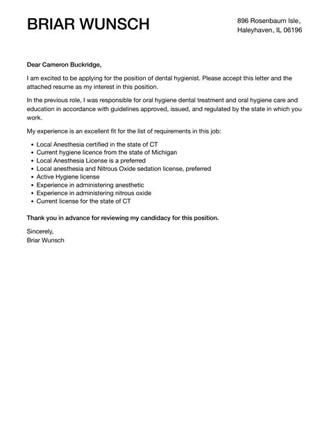 Dental Hygiene Cover Letter