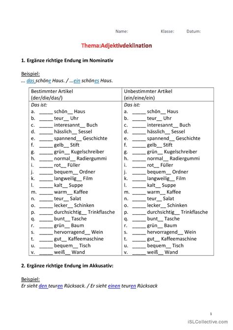 Adjektivdeklination Im Nominativ Und Deutsch Daf Arbeitsbl Tter Pdf Doc