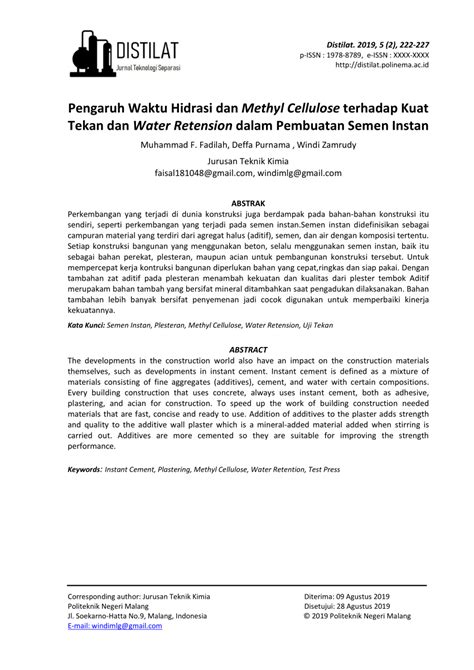 Pdf Pengaruh Waktu Hidrasi Dan Methyl Cellulose Terhadap Kuat Tekan