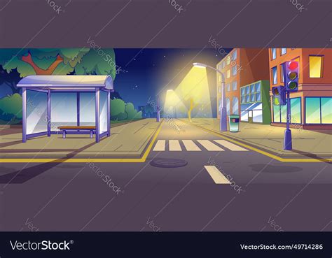 City Street Intersection With Sidewalk At Night Vector Image