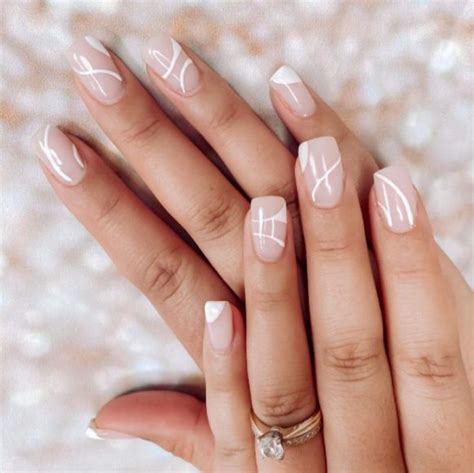 35 Nude Nails With White Details White Swirl Nude Square Nails I Take