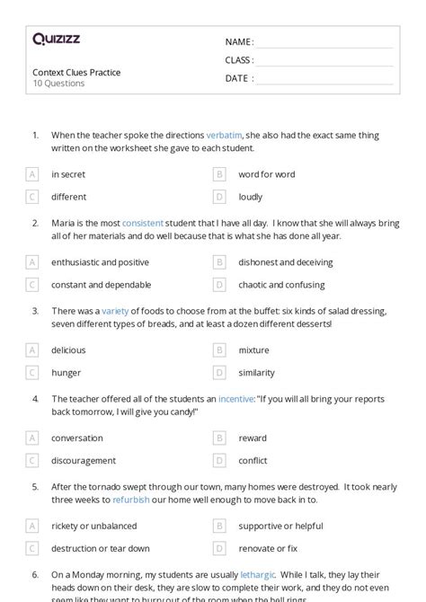 50 Determining Meaning Using Context Clues Worksheets For 8th Grade On