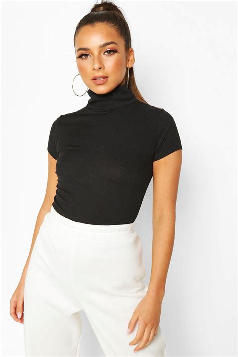 Womens Black Rib Roll Neck Cap Sleeve Top Boohoo Uk