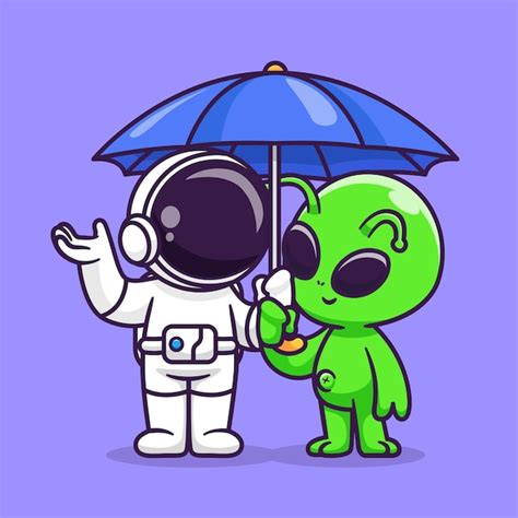 Bonito astronauta e alienígena em pé sob guarda chuva desenhos animados