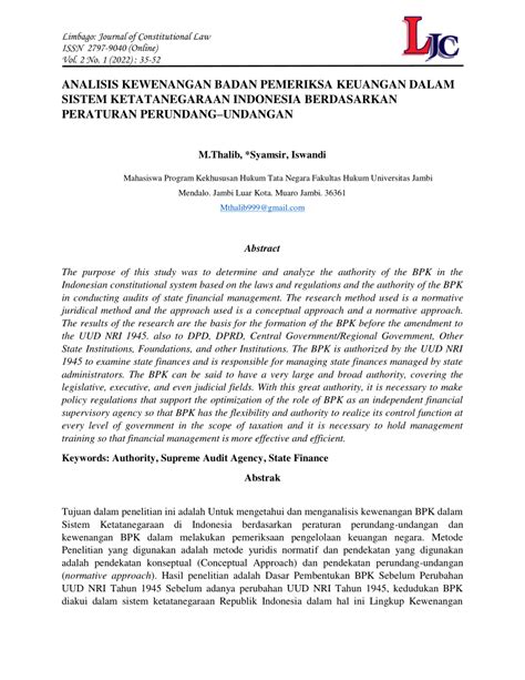 Pdf Analisis Terhadap Kewenangan Badan Pemeriksa Keuangan Dalam