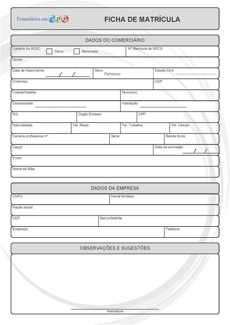 Formulários em PDF: FORMULÁRIO FICHA DE MATRICULA