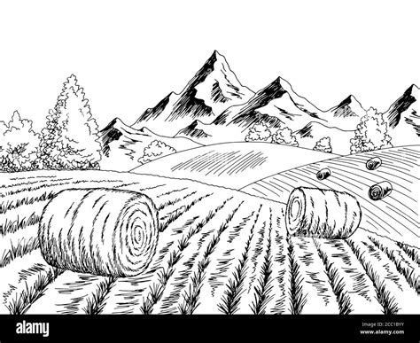 Autumn Field Hill Graphic Black White Landscape Sketch Illustration