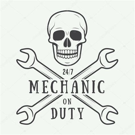 Vintage Vector Mechanic Logo Label With Skull Wrench Stock Vector