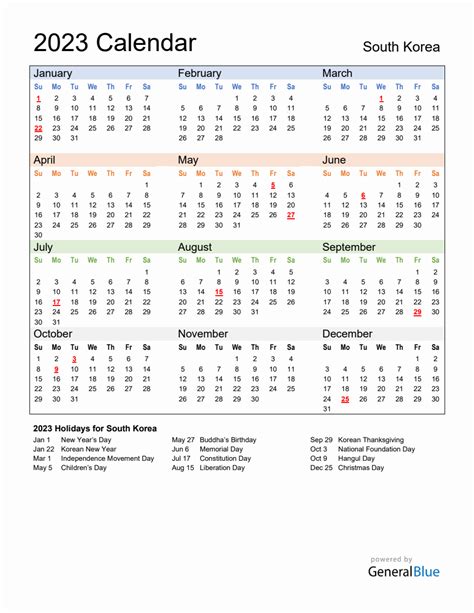 Annual Calendar 2023 with South Korea Holidays