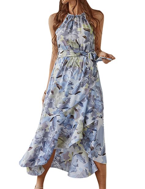 Nlife Women Floral Print Crew Neck Sleeveless Belt Ruffle Hem Midi