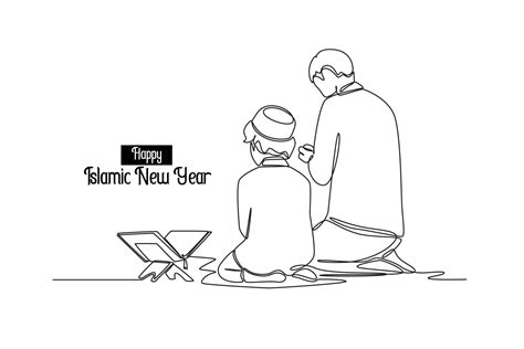 Continuous One Line Drawing Happy Islamic New Year Concept Single Line