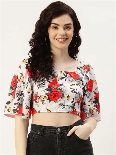 Buy Sleek Italia White Floral Print Crepe Crop Top Tops For Women