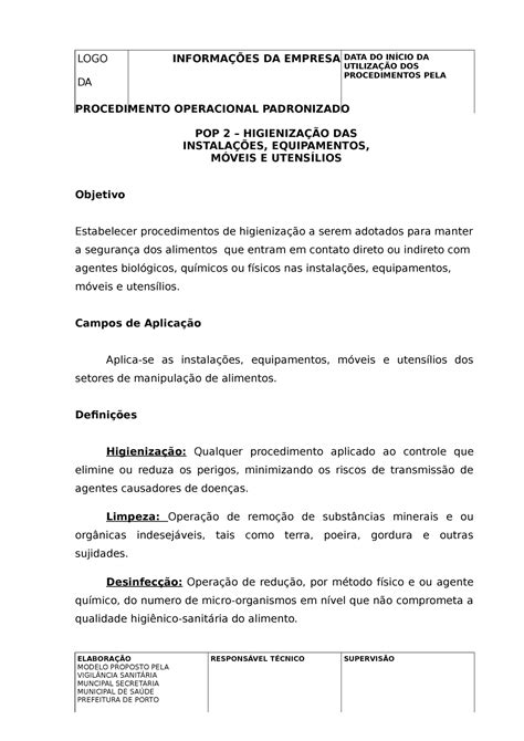 POP POP 3 Higiene Equipamentos PROCEDIMENTO OPERACIONAL PADRONIZADO