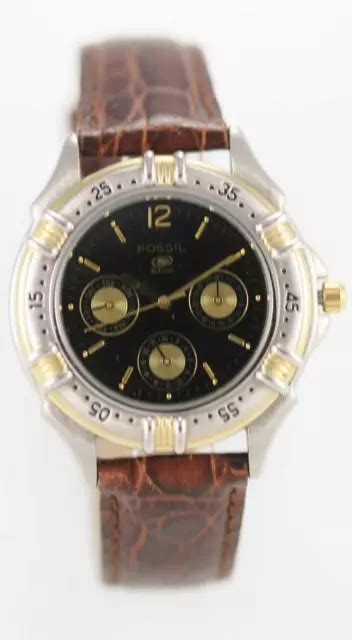 FOSSIL MONTRE HOMME Jour Date 24hr Cuir Marron Inoxydable Argent Or