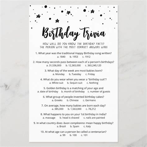 Birthday Trivia Game with Answers Birthday party | Zazzle | Happy ...