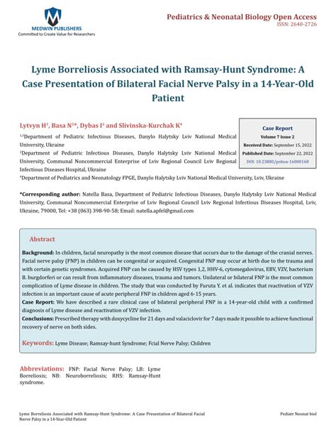 Pdf Lyme Borreliosis Associated With Ramsay Hunt Syndrome A Case Presentation Of Bilateral