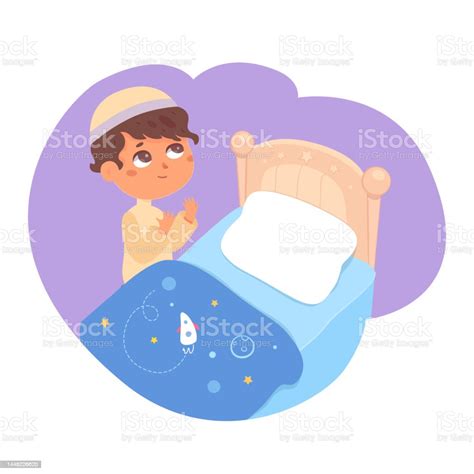 Child Praying In Bedtime Vector Illustration Cartoon Cute Boy Kneeling ...