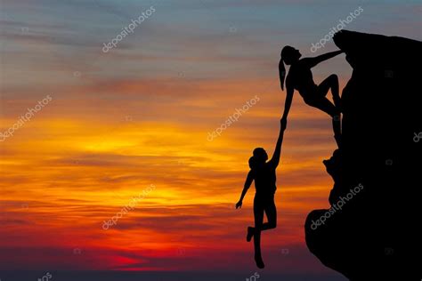 Teamwork Couple Hiking Help Each Other Trust Assistance Silhouette In