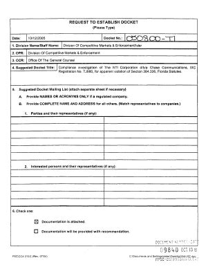 Fillable Online Psc State Fl REQUEST TO ESTABLISH DOCKET Please Type