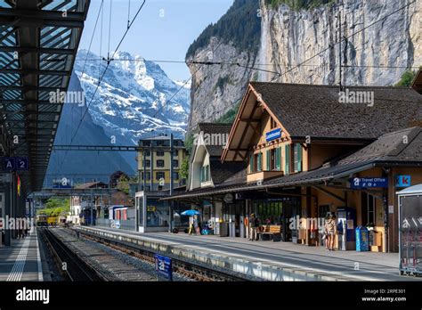 Lauterbrunnen, Switzerland-May 29, 2023; Platforms and train tracks of ...