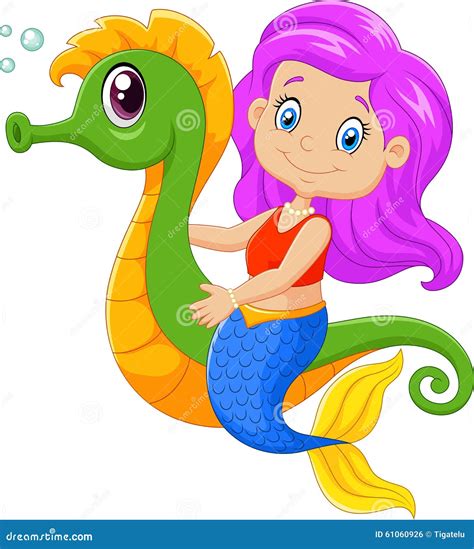 Cartoon Happy Mermaid Swimming With Seahorse Stock Vector Image 61060926