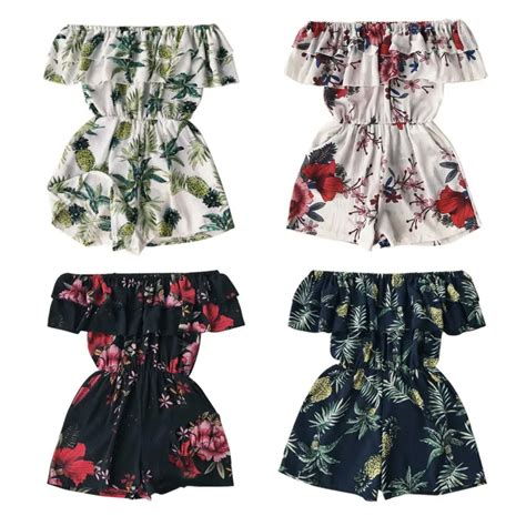 Ruffles Slash Neck Beach Playsuits Summer Women Printing Jumpsuits