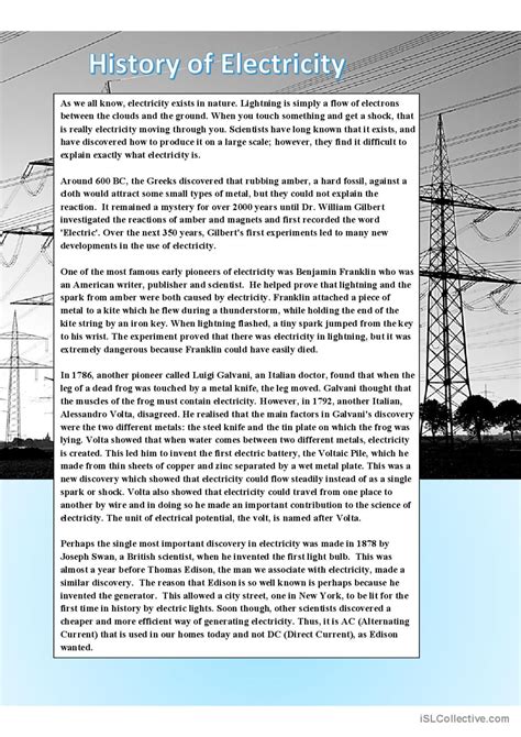 History Of Electricity English Esl Worksheets Pdf And Doc