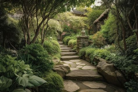 Premium Ai Image Serene Garden With Lush Foliage And Stone Pathways