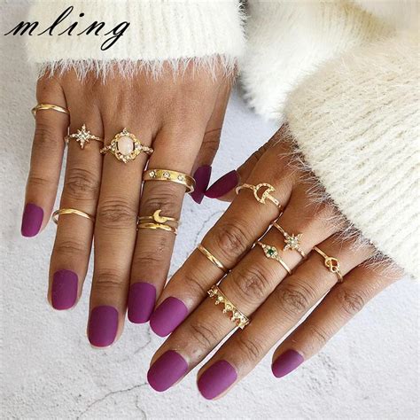 Pcs Set Vintage Star Opal Crystal Finger Ring Set Bohemian Gold Moon