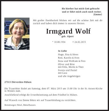 Traueranzeigen Von Irmgard Wolf Trauer Kreiszeitung De