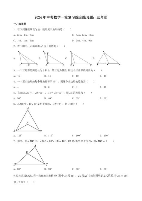 2024年中考数学一轮复习综合练习题：三角形（含答案） 21世纪教育网