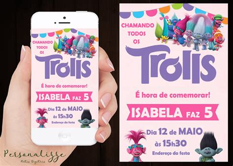 Convite Digital Anivers Rio Trolls Menina Elo