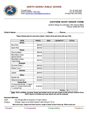 Fillable Online Northnowra P Schools Nsw Edu Uniform Shop Order Form