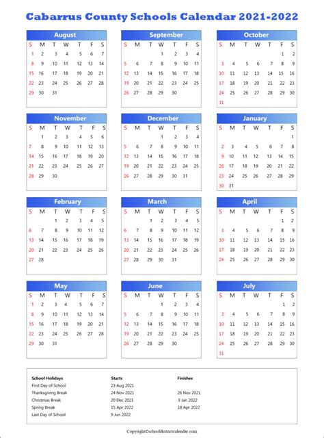 Cabarrus County Schools District Calendar Holidays 2021-2022