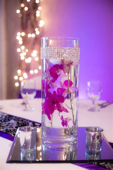 Submerged Orchid Centerpiece Purple Mirrored Base Votives And Vase