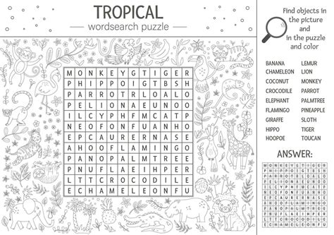 Vector Zomer Woordzoeker Puzzel Voor Kinderen Trefwoord Met Tropische