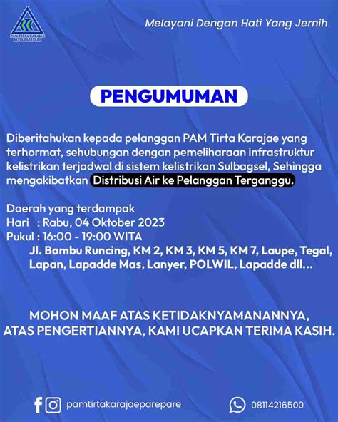 Pam Tirta Karajae Parepare Umumkan Gangguan Distribusi Air Dampak