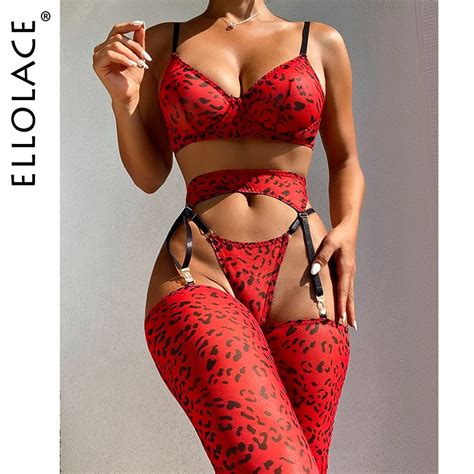 Ellolace Leopard Lingerie For Women Lace Set Of Underwear With