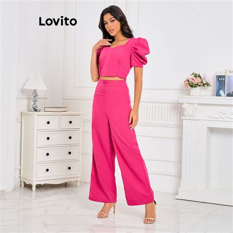 Lovito Women Elegant Plain Structure Line Fabric Stitching Puff Sleeve