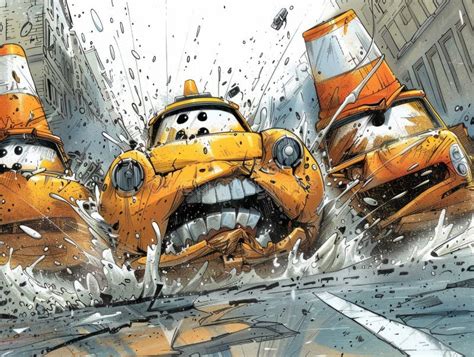 Two Vibrant Yellow Cars Collide Head-on in a Cartoonish Representation ...